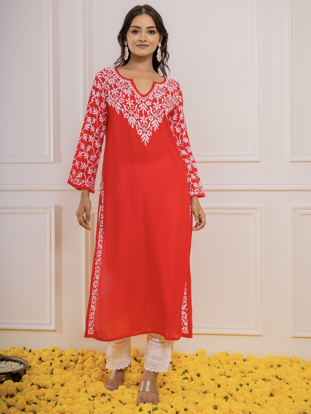 

HOUSE OF KARI Floral Embroidered Chikankari Cotton Kurta, Red