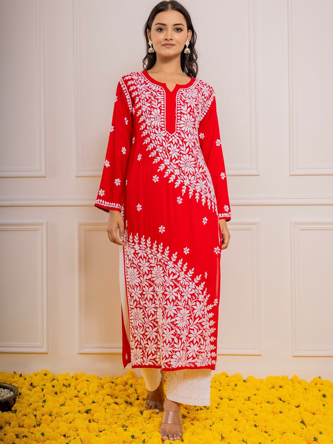

HOUSE OF KARI Ethnic Motifs Embroidered Round Neck Chikankari Cotton Kurta, Red