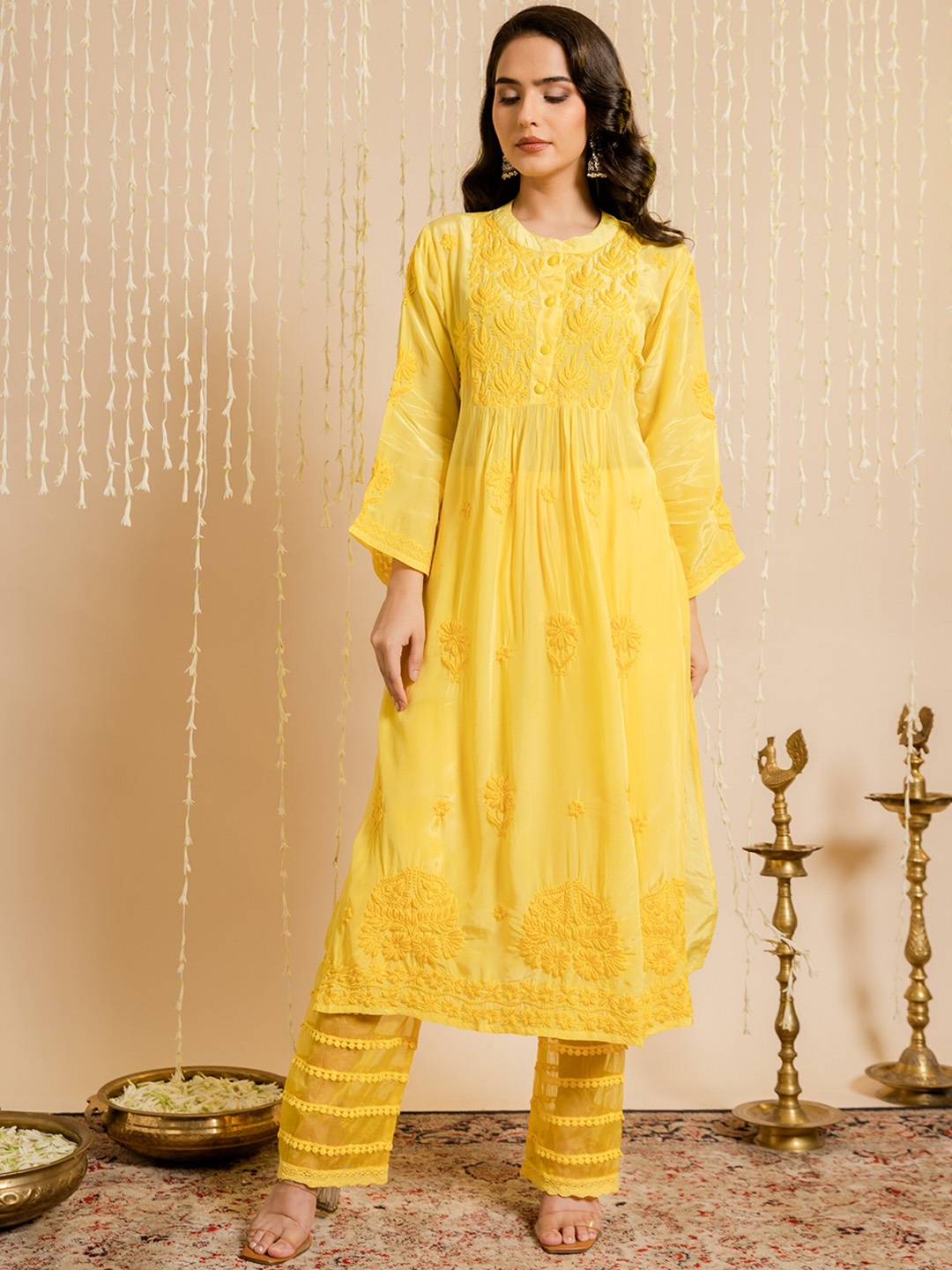 

HOUSE OF KARI Ethnic Motifs Embroidered Chikankari Silk A-Line Kurta, Yellow