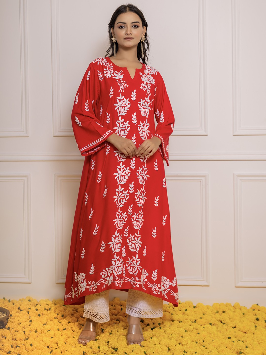 

HOUSE OF KARI Ethnic Motifs Embroidered Round Neck Chikankari Cotton Kurta, Red