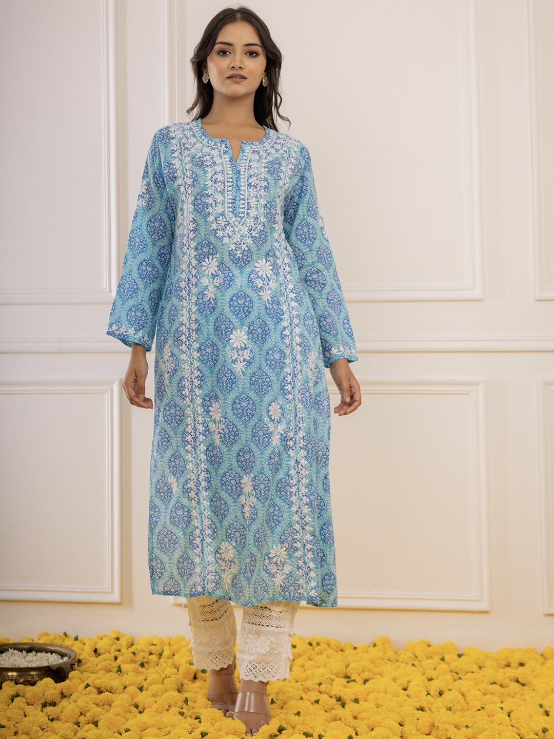 

HOUSE OF KARI Ethnic Motifs Printed Cotton Panelled Chikankari Kurta, Blue