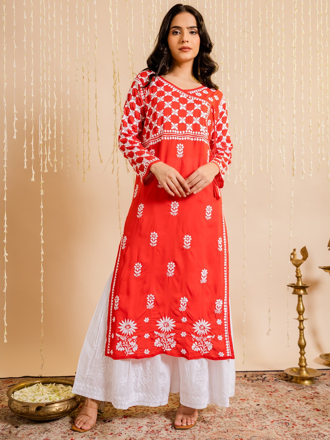 

HOUSE OF KARI Ethnic Motifs Embroidered Angrakha Thread Work Cotton Kurta, Red