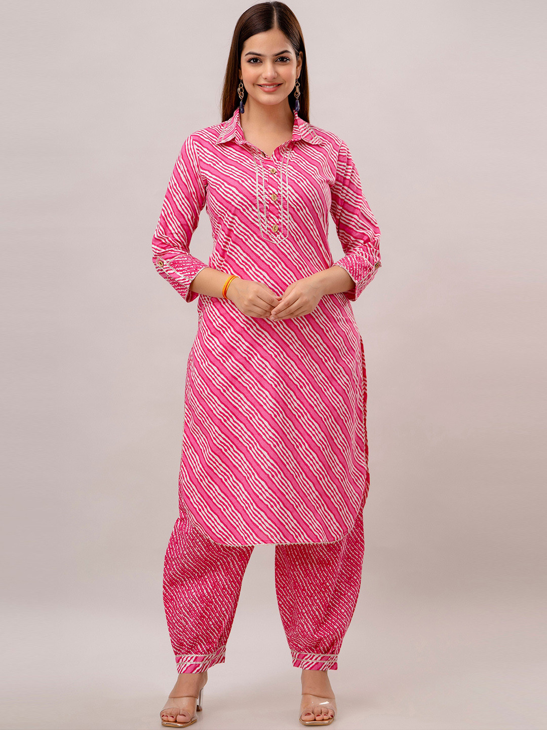 

KALINI Leheriya Striped Gotta Patti Pure Cotton Kurta with Patiala, Pink