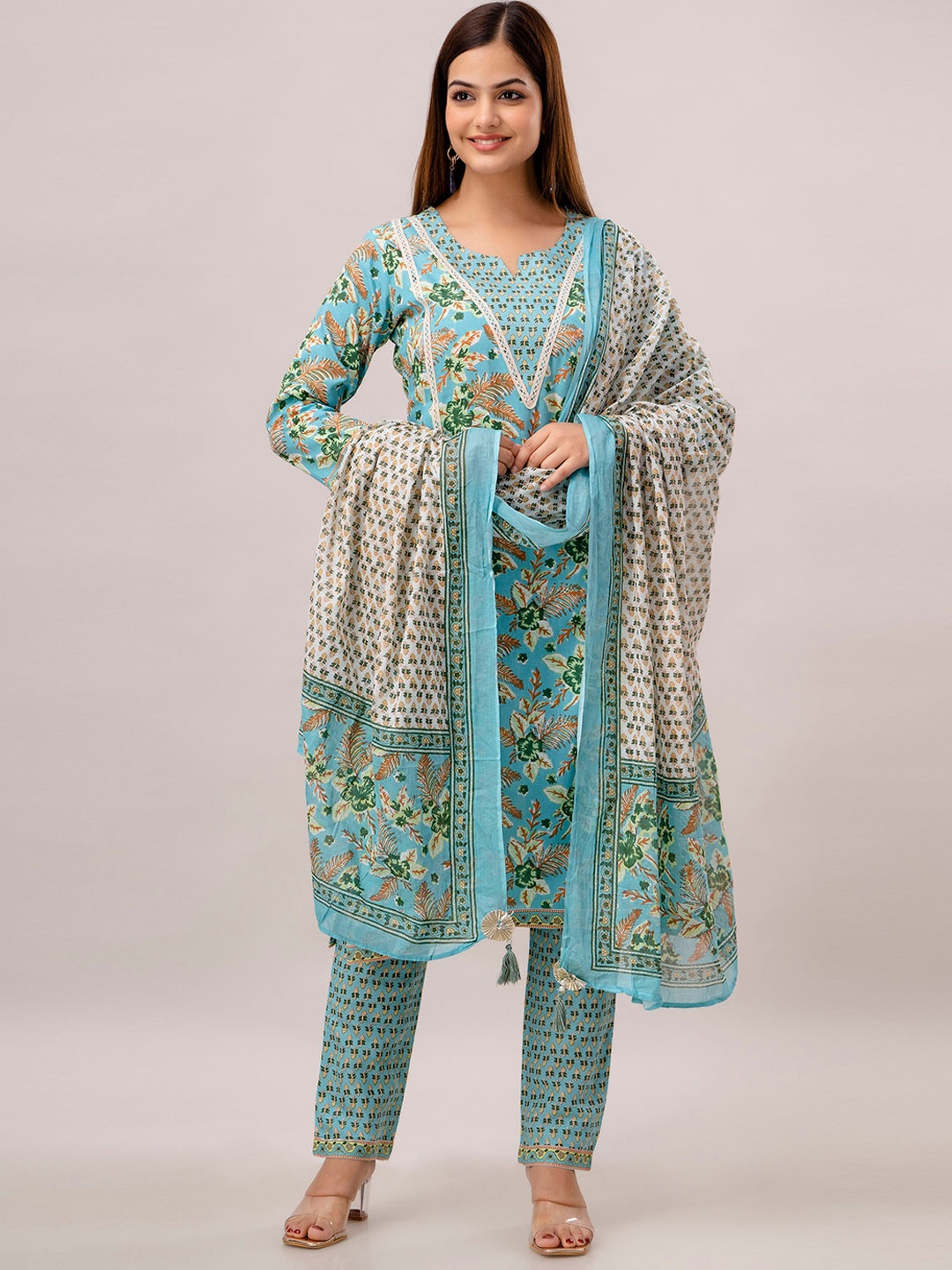 

KALINI Floral Printed Gotta Patti Pure Cotton Kurta with Trousers & Dupatta, Green