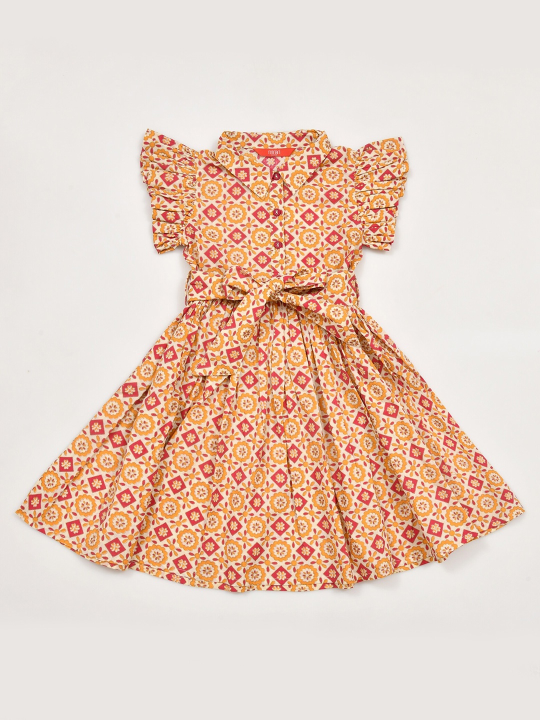 

mirari Girls Shirt Collar Floral Printed Flutter Sleeve Fit & Flare Dress, Beige