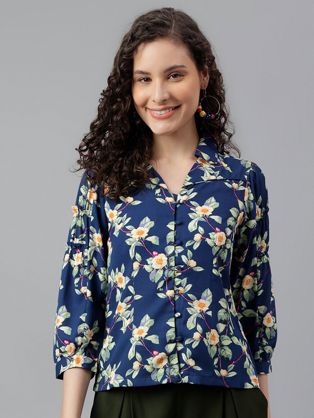 

Latin Quarters Blue Floral Printed Shirt Collar Shirt Style Top