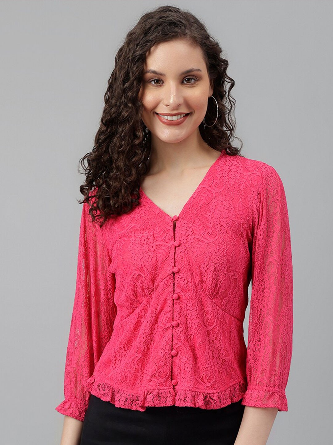

Latin Quarters V-Neck Lace Top, Pink