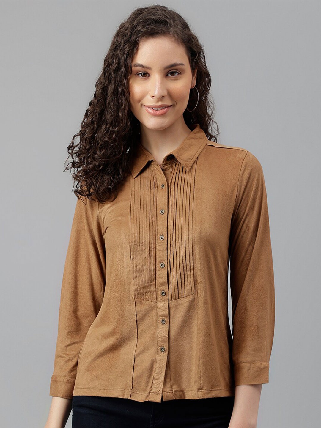 

Latin Quarters Pleated Shirt Collar Cuffed Sleeves Shirt Style Top, Brown