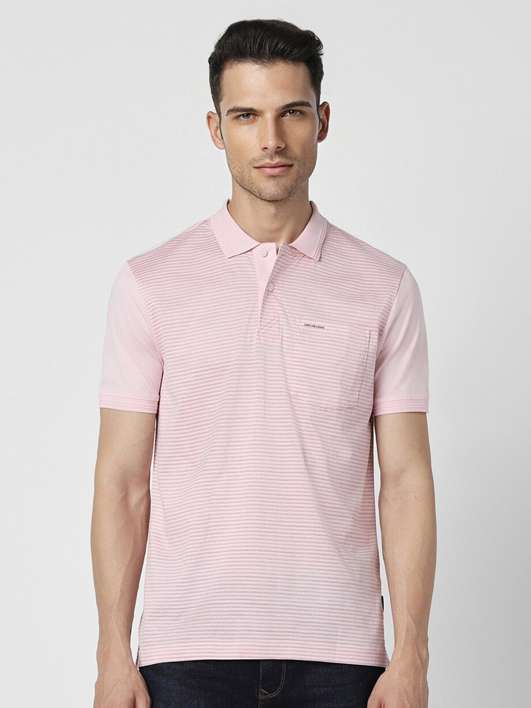 

Van Heusen Sport Striped Polo Collar Pocket Pure Cotton T-Shirt, Pink