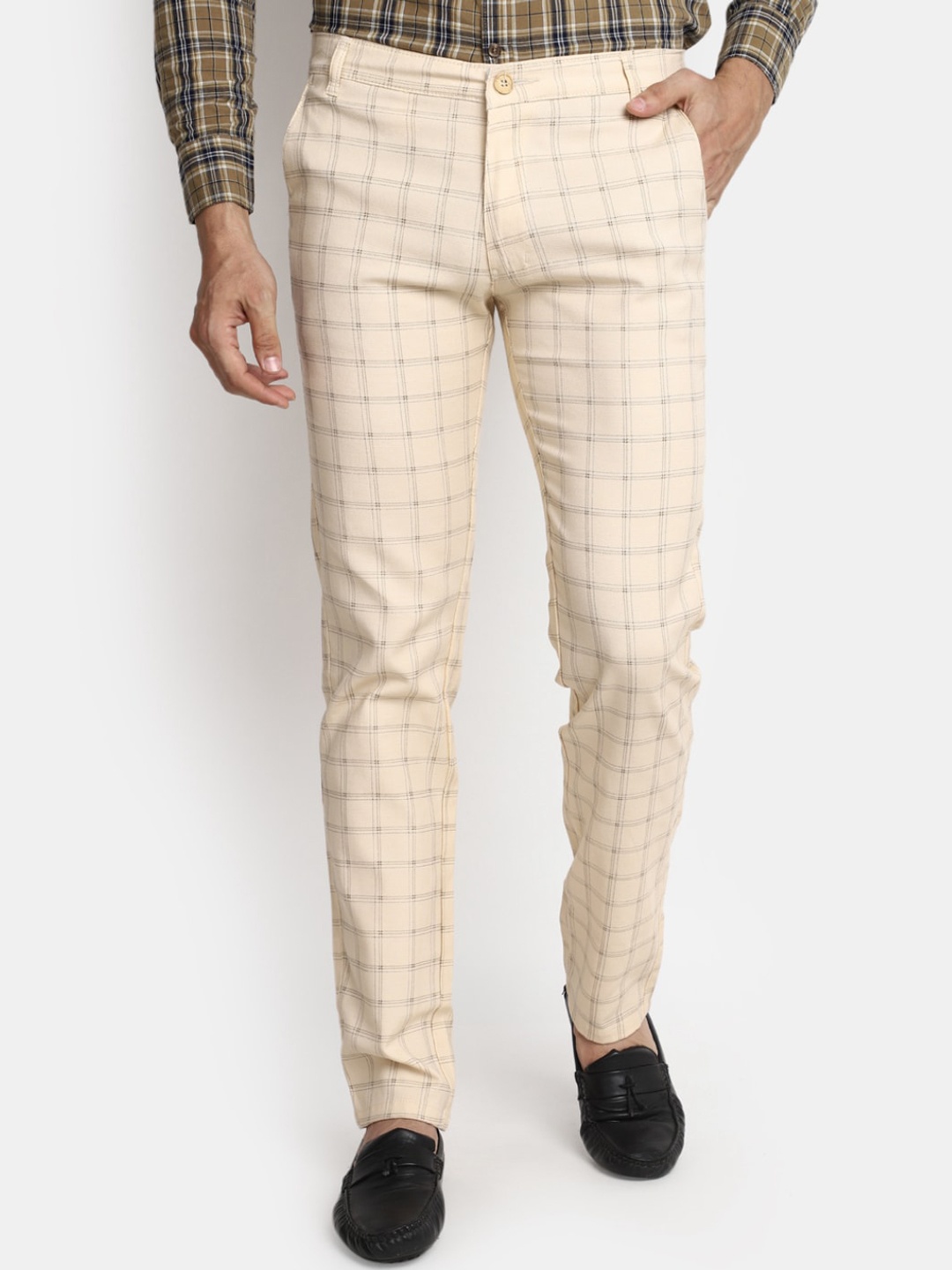 

V-Mart Men Checked Smart Casual Trousers, Cream