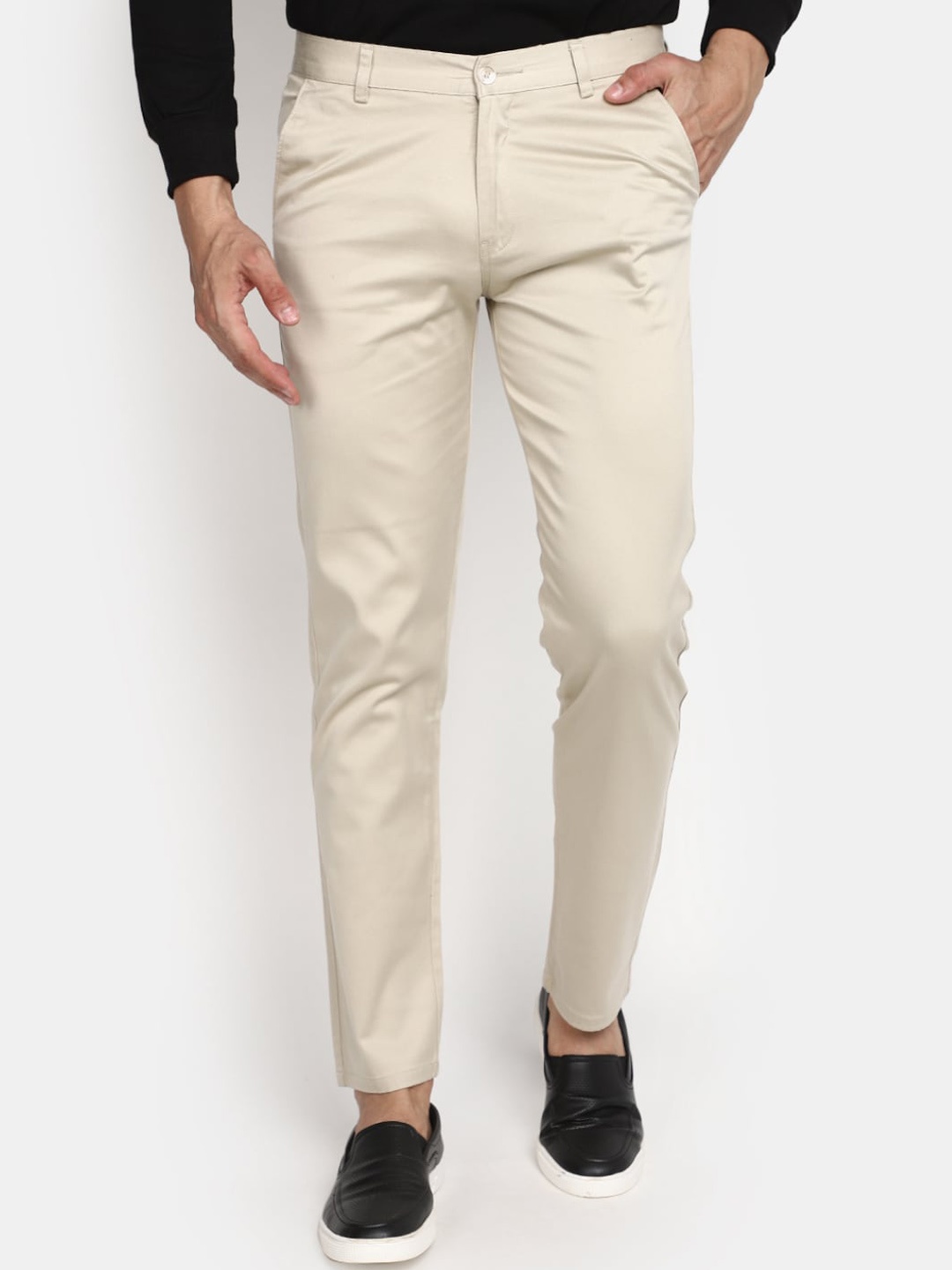 

V-Mart Men Slim Fit Twill Cotton Chinos Trousers, Cream