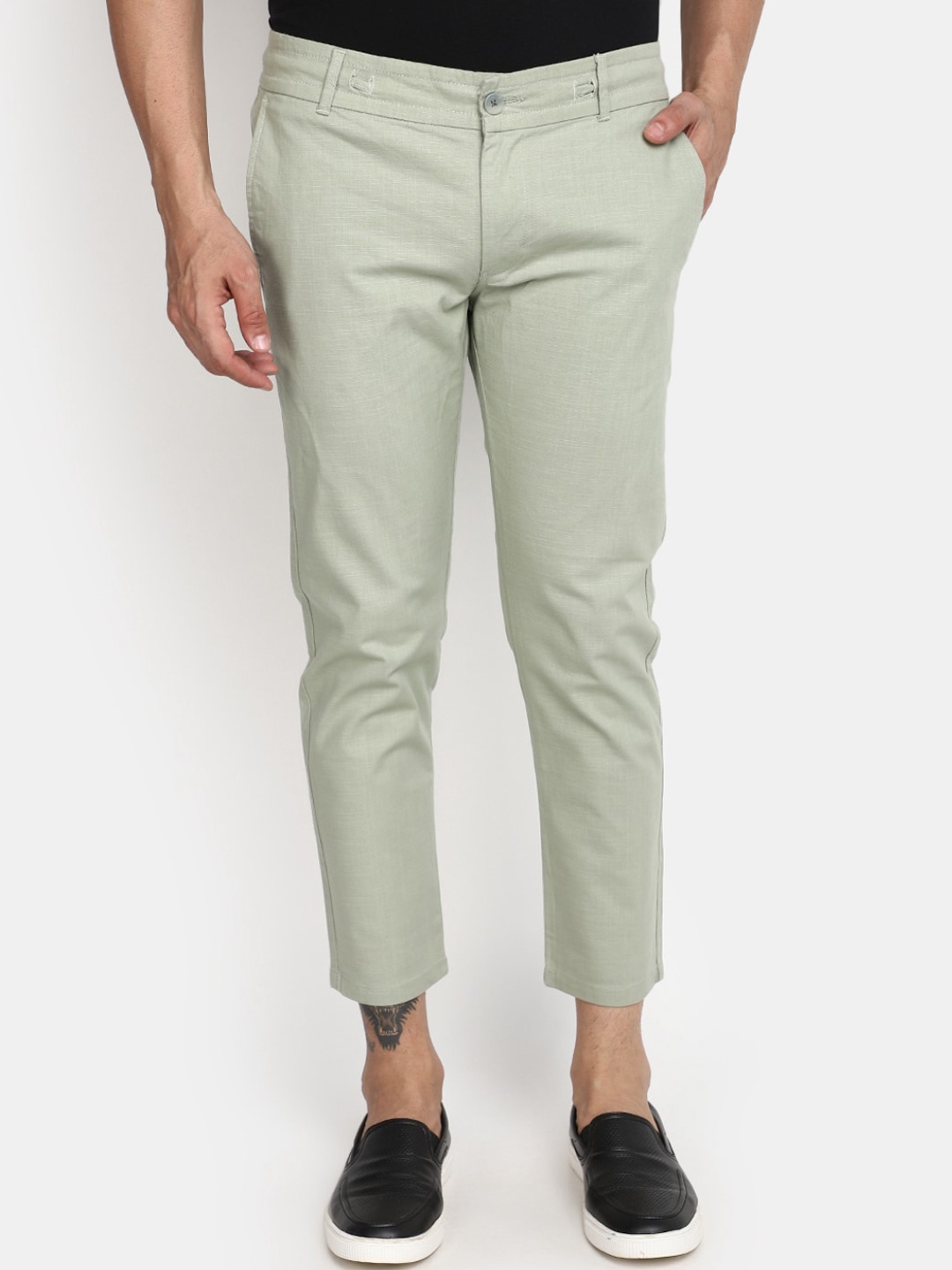 

V-Mart Men Regular Fit Mid-Rise Cropped Linen Trousers, Green