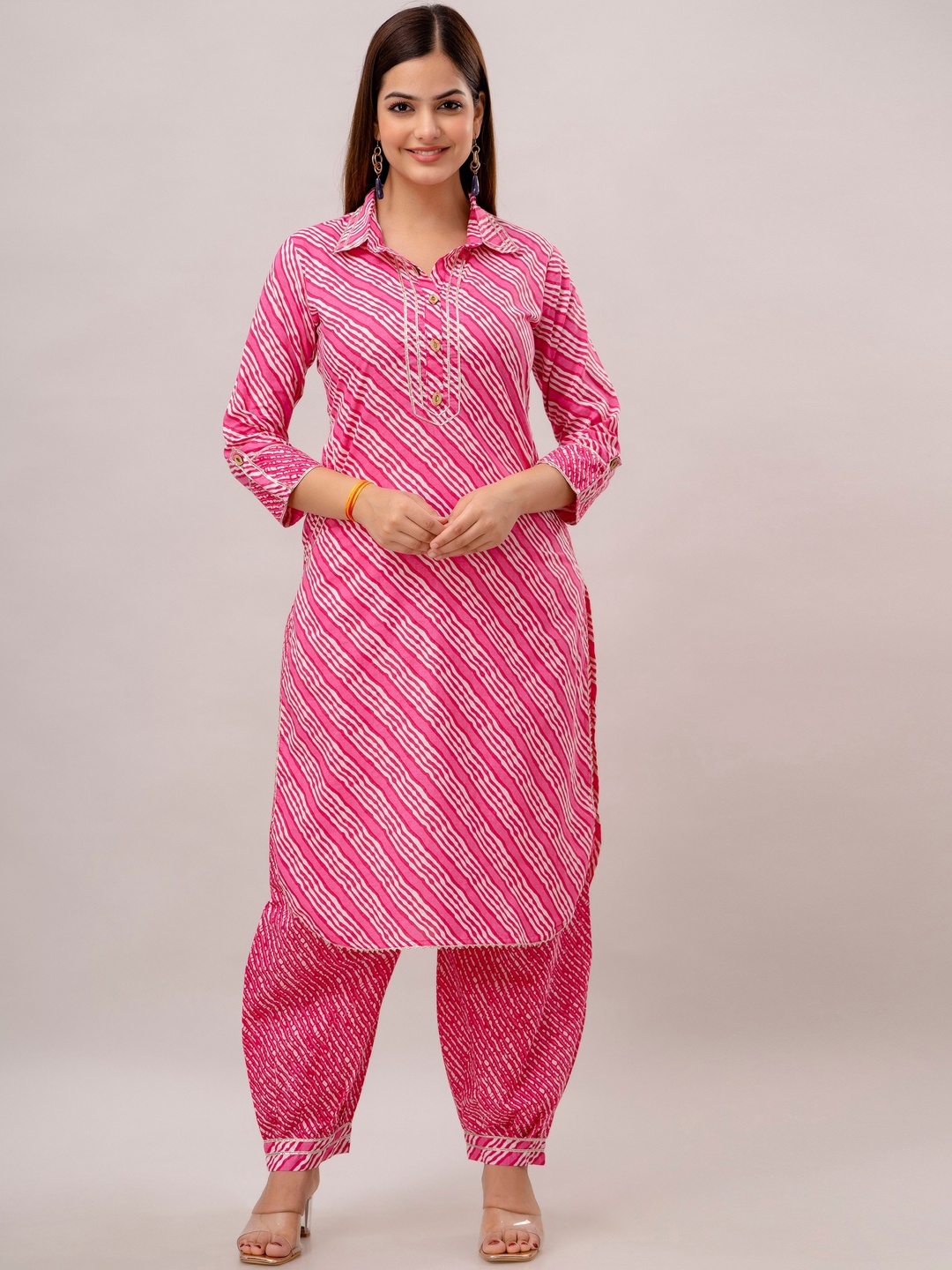 

KALINI Leheriya Striped Regular Gotta Patti Pure Cotton Kurta With Patiala, Pink