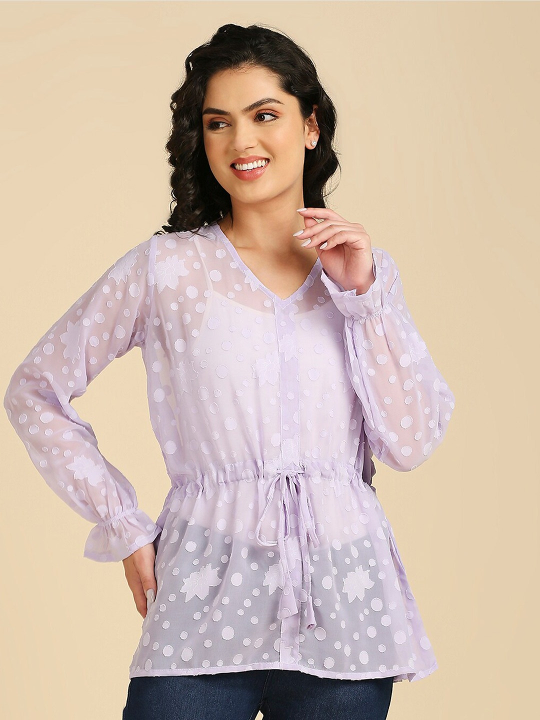 

GUFRINA Floral Print V-Neck Cuffed Sleeves Sheer Cinched Waist Top, Lavender