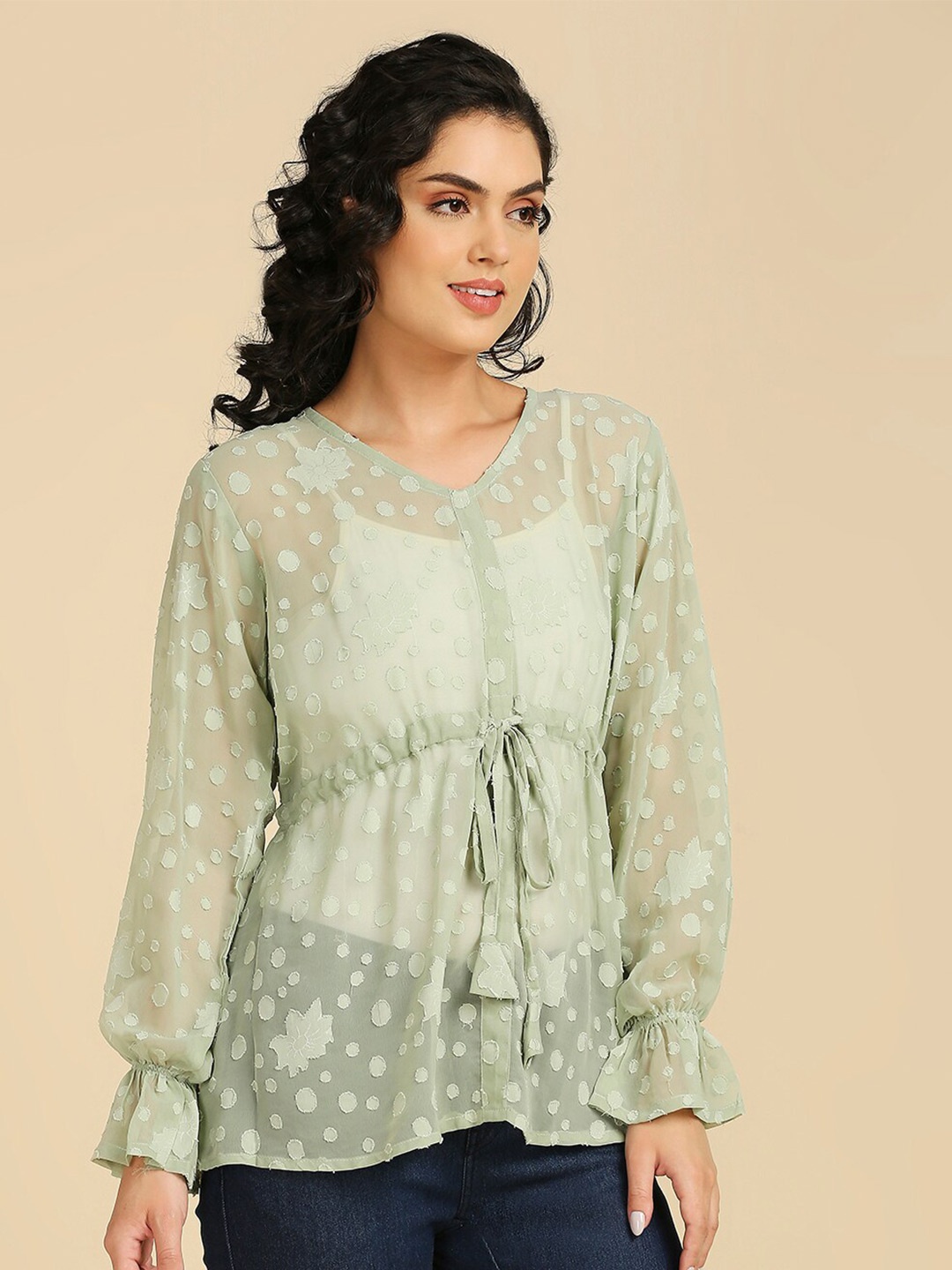 

GUFRINA Self Design Bell Sleeves Sheer Cinched Waist Top, Sea green