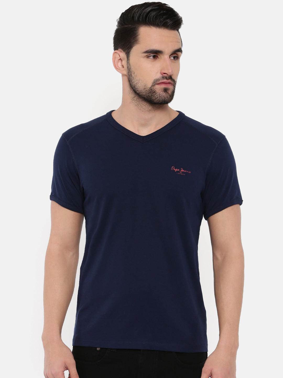 

Pepe Jeans Men Navy Solid V-Neck T-shirt, Navy blue
