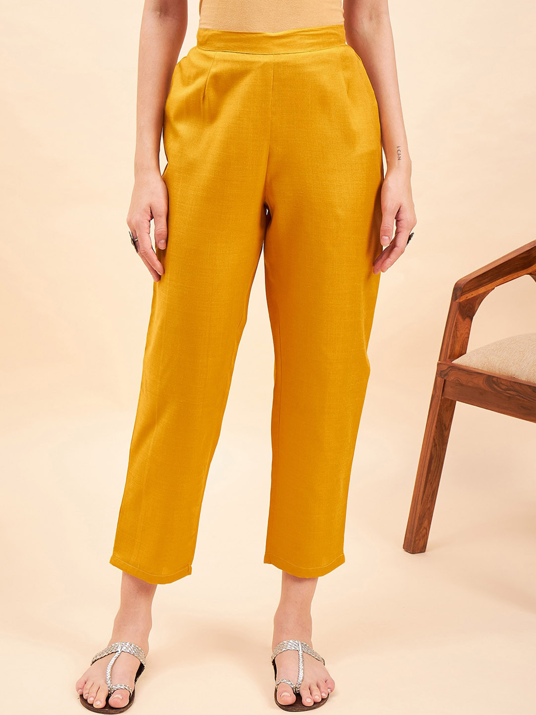 

Sangria Women Mid Rise Straight Fit Trousers, Mustard