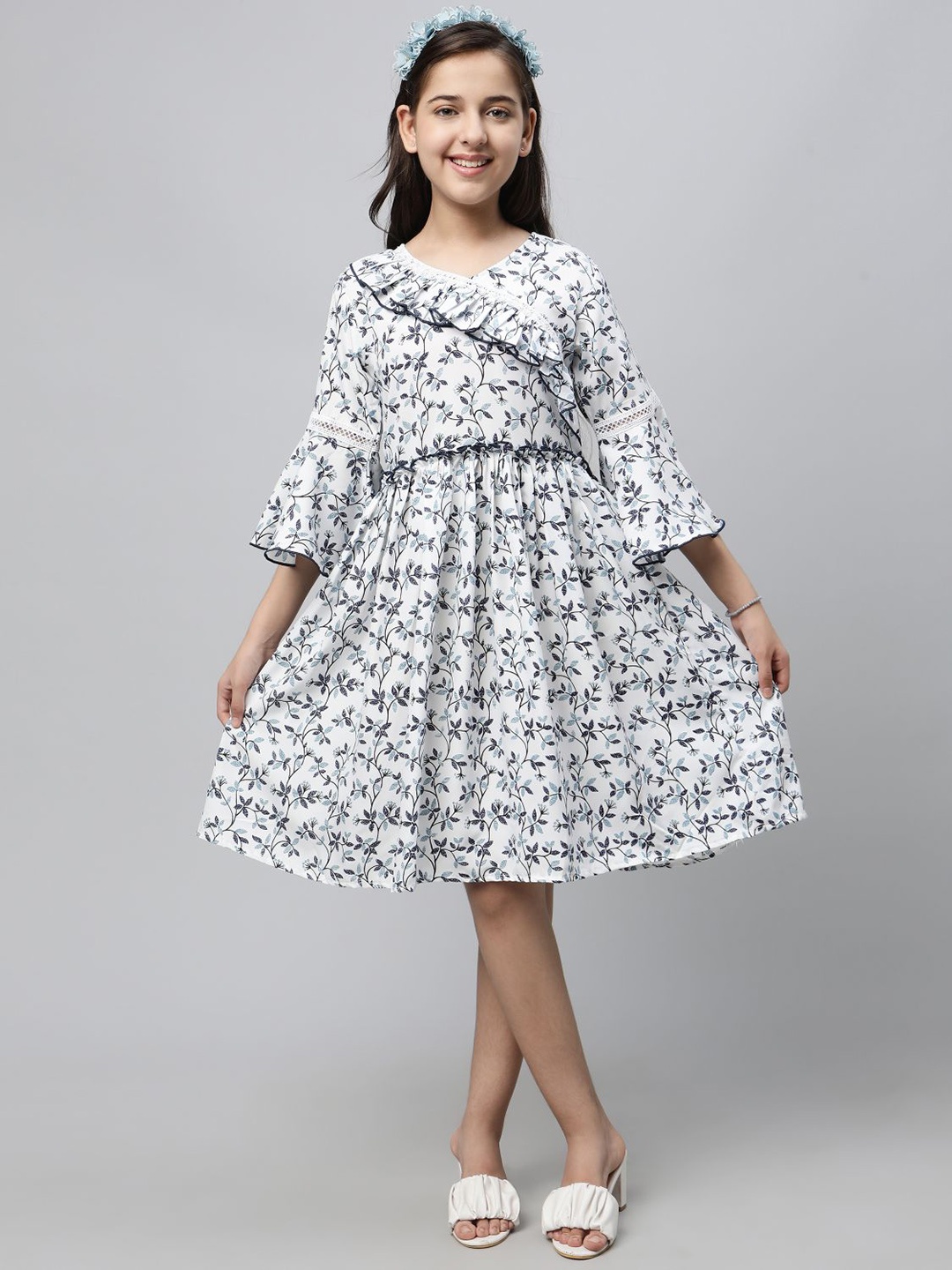 

BAESD Girls Floral Printed Bell Sleeves Lace Inserted Ruffled Fit & Flare Midi Dress, Navy blue