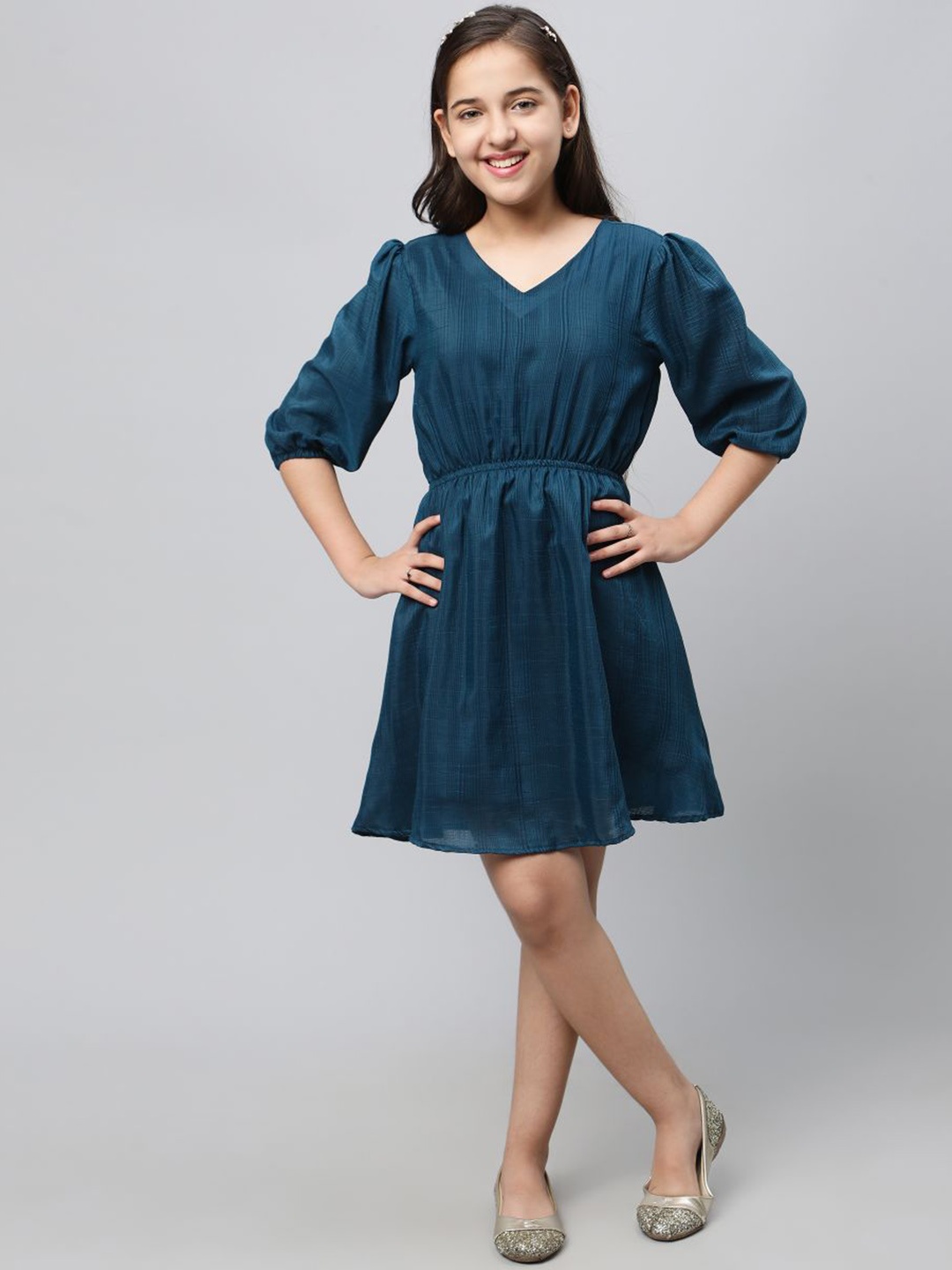 

BAESD Striped V-Neck Puff Sleeves Fit & Flare Dress, Blue