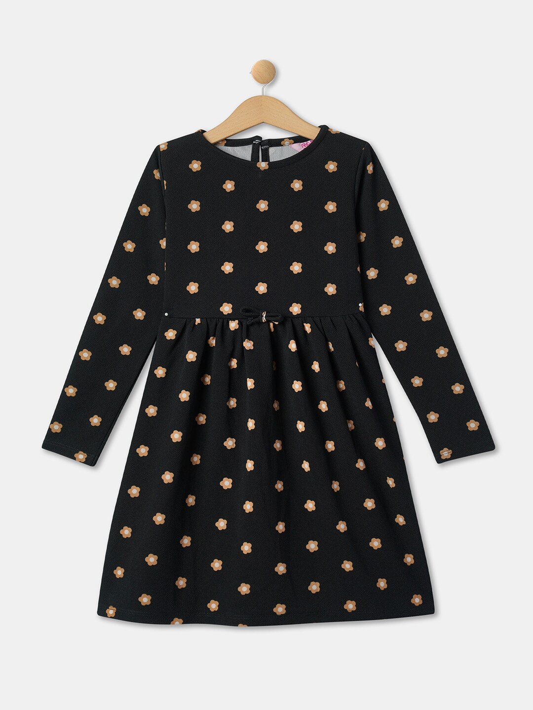 

R&B Girls Floral Printed Long Sleeves Cotton A-Line Dress, Black