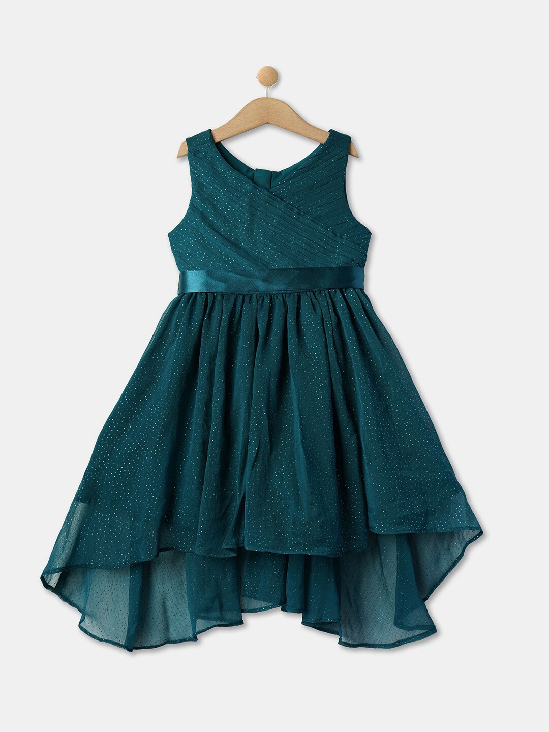 

R&B Girls Round Neck Embellished Cotton Fit & Flare Dress, Green