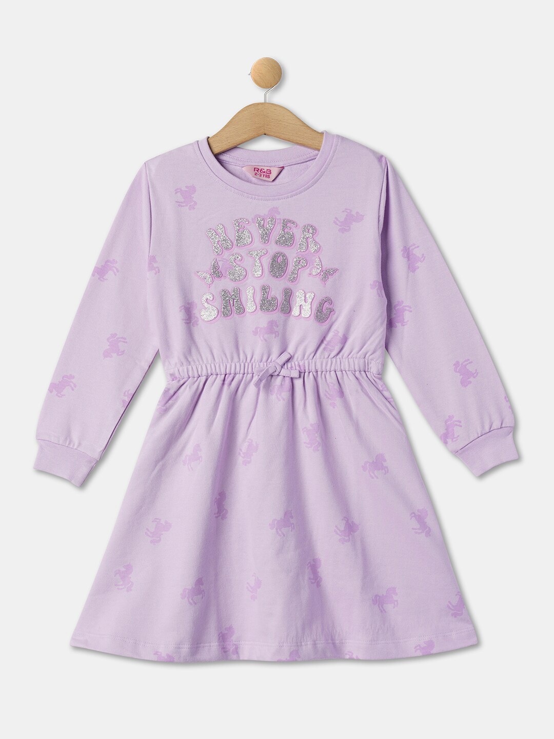 

R&B Girl's Conversational Printed Cuffed Sleeves Cotton A-Line Dress, Purple