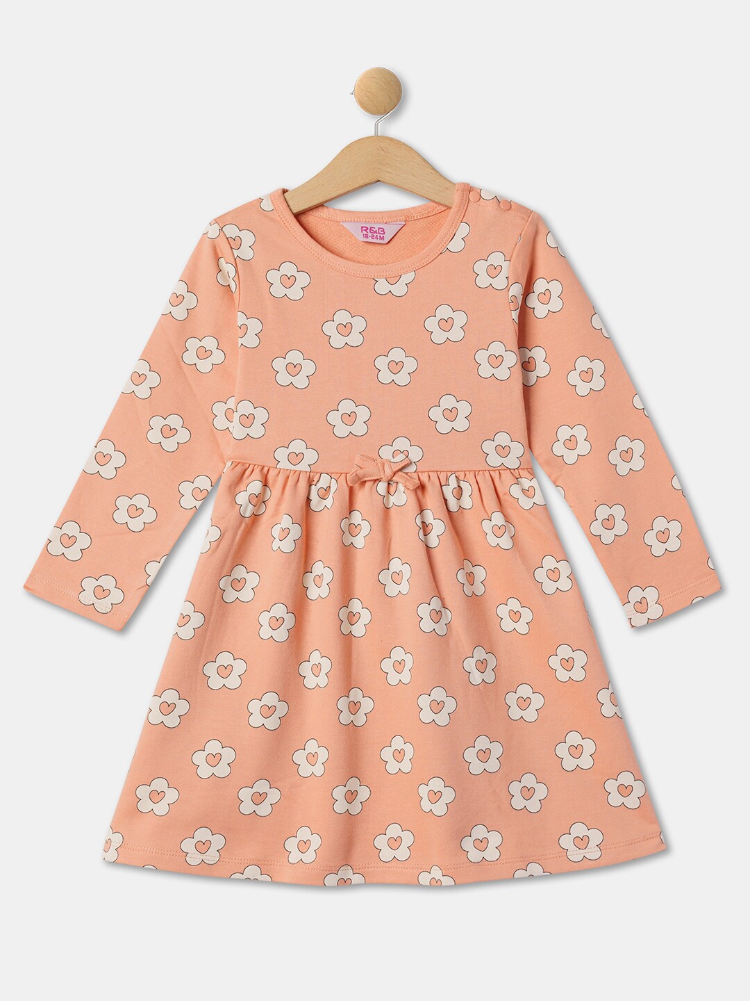 

R&B Girls Floral Printed Long Sleeves Cotton Fit & Flare Dress, Peach