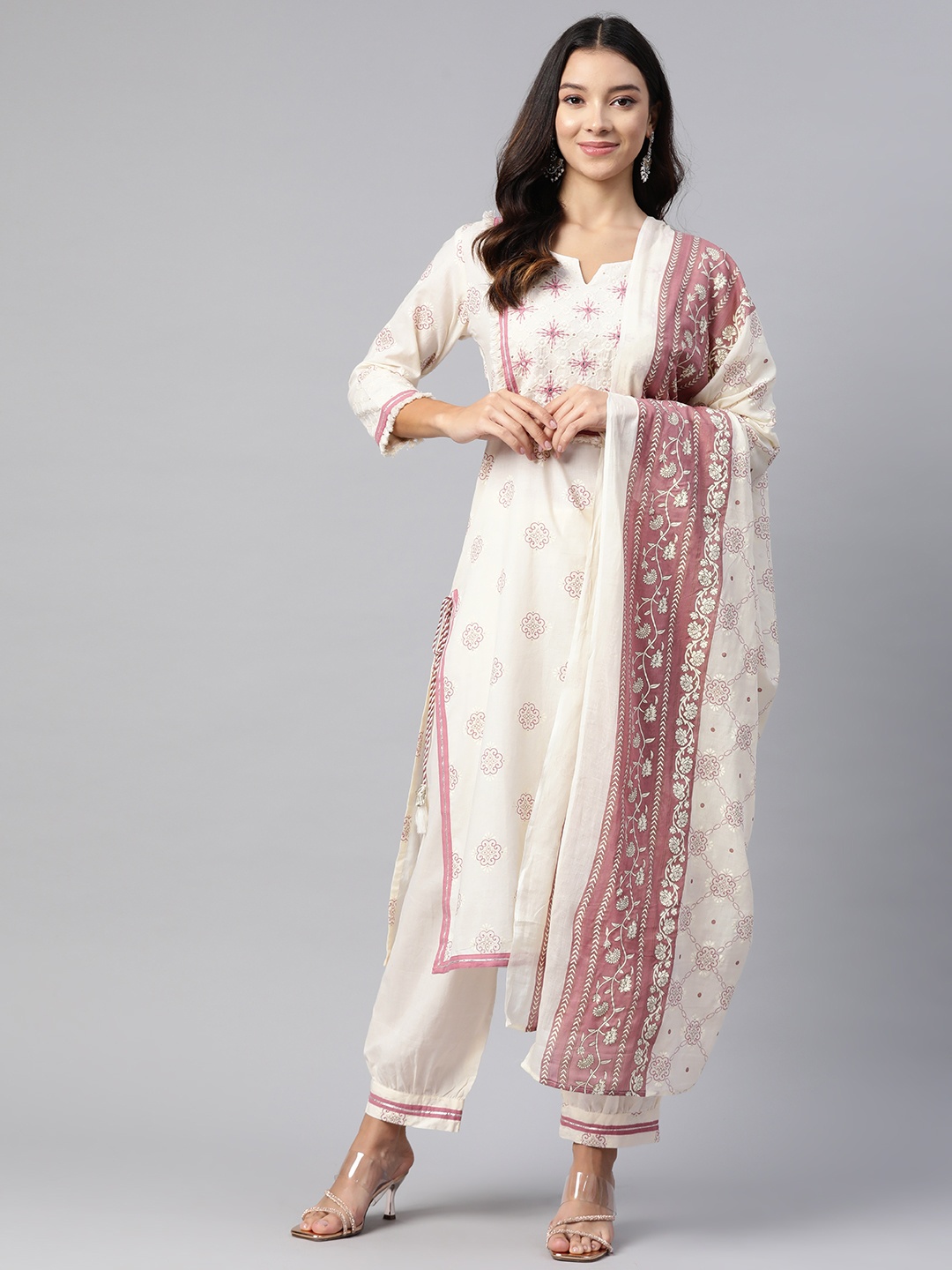 

Readiprint Ethnic Motifs Printed Regular Thread Work Pure Cotton Kurta Set, Cream