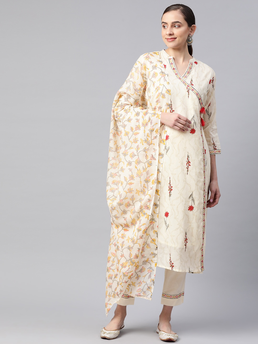 

Readiprint Floral Printed Angrakha Mirror Work Pure Cotton Kurta Set, Cream