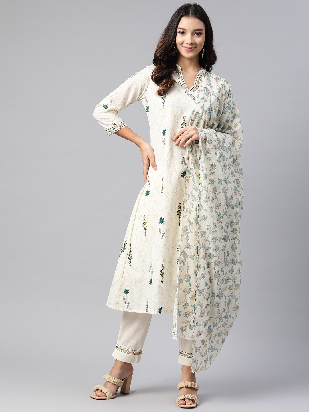 

Readiprint Fashions Women Floral Printed Thread Work Pure Cotton Kurta with Palazzos, Cream