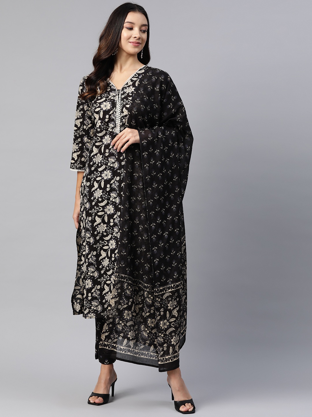 

Readiprint Fashions Women Floral Printed Sequinned Kurta with Palazzos & With Dupatta, Black