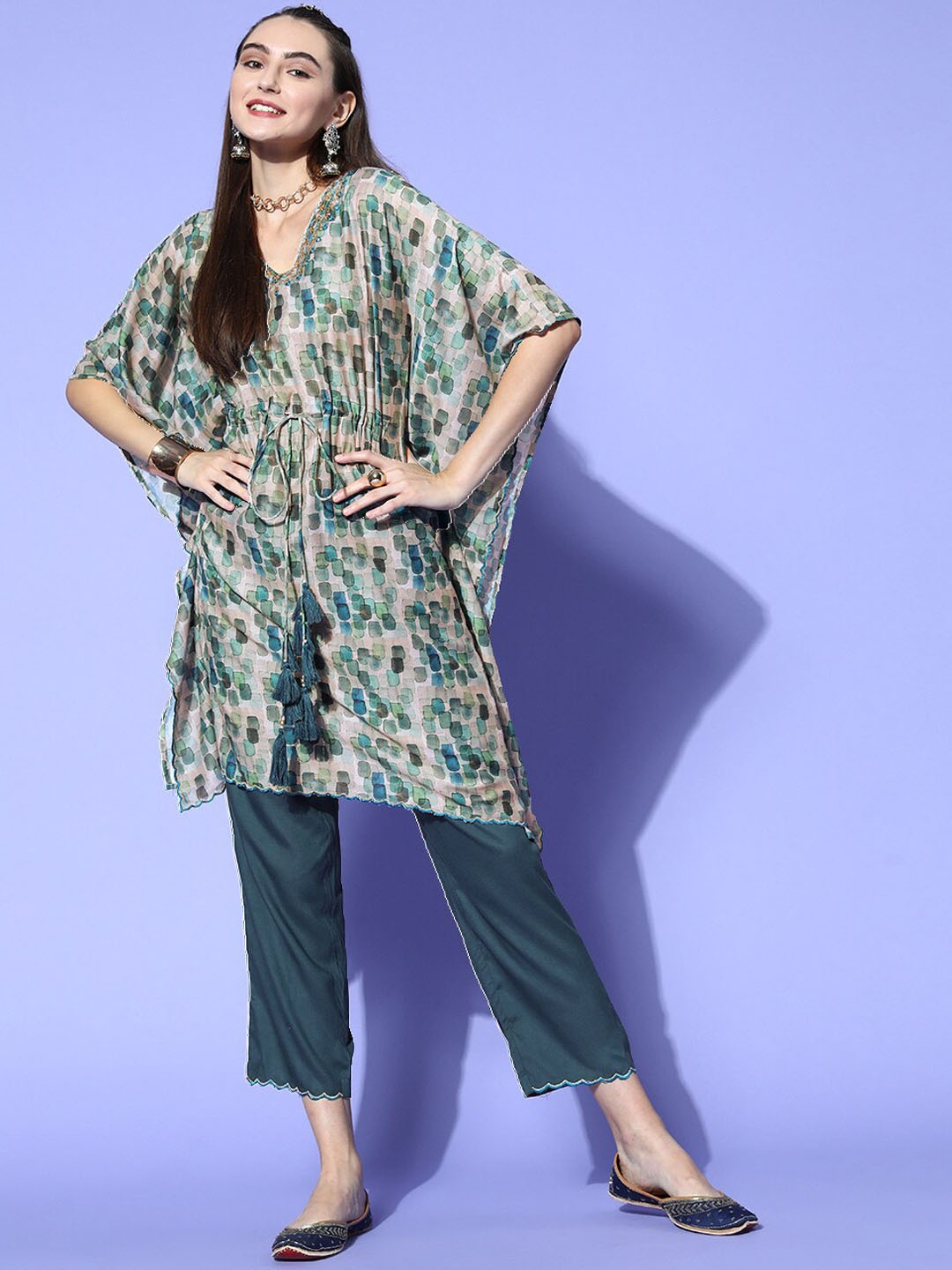

Jaipur Kurti Green Geometric Printed Embroidered Kaftan Kurta With Trousers