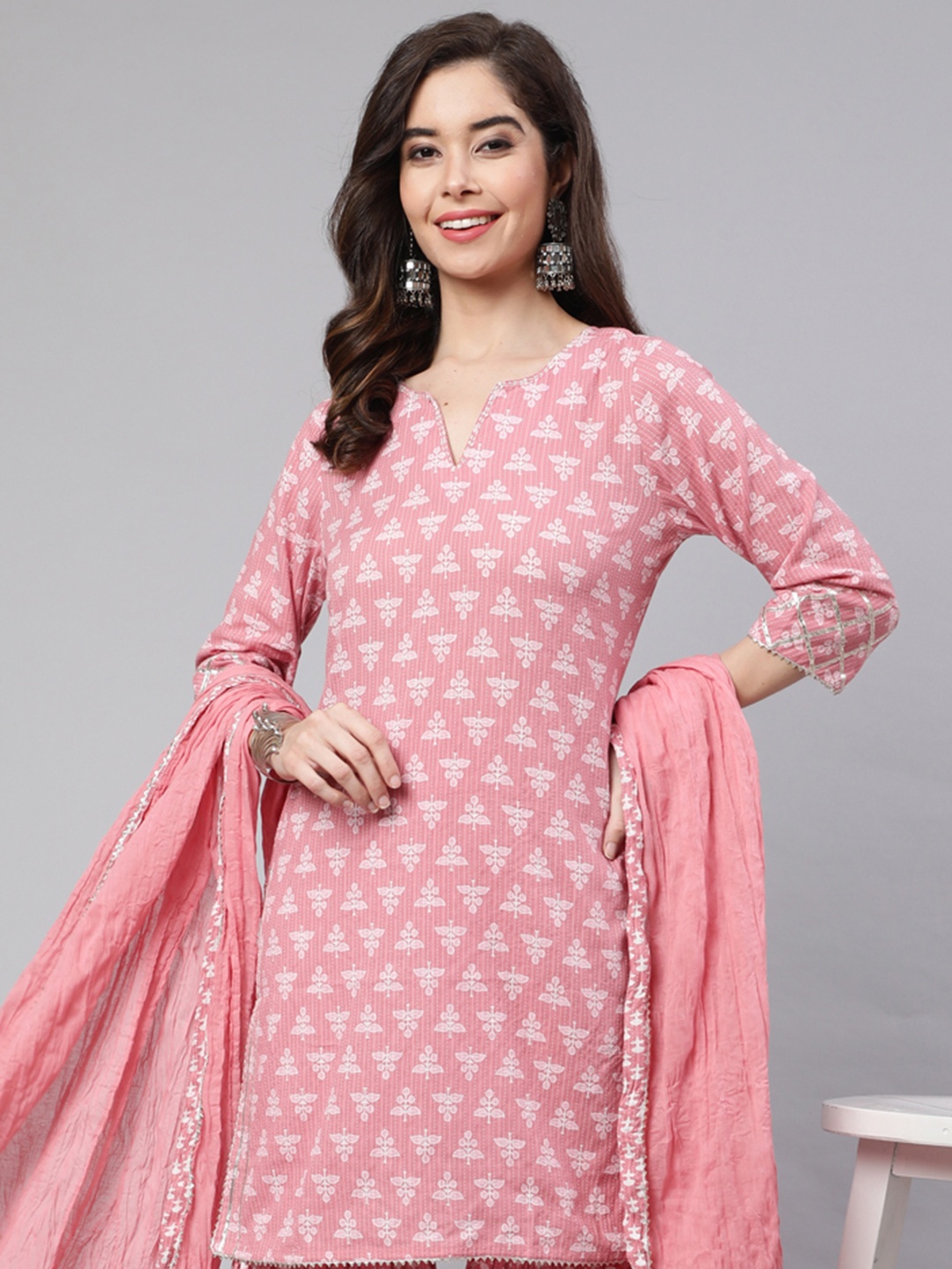 

Jaipur Kurti Ethnic Motifs Printed Pure Cotton Straight Kurta With Sharara & Dupatta, Pink