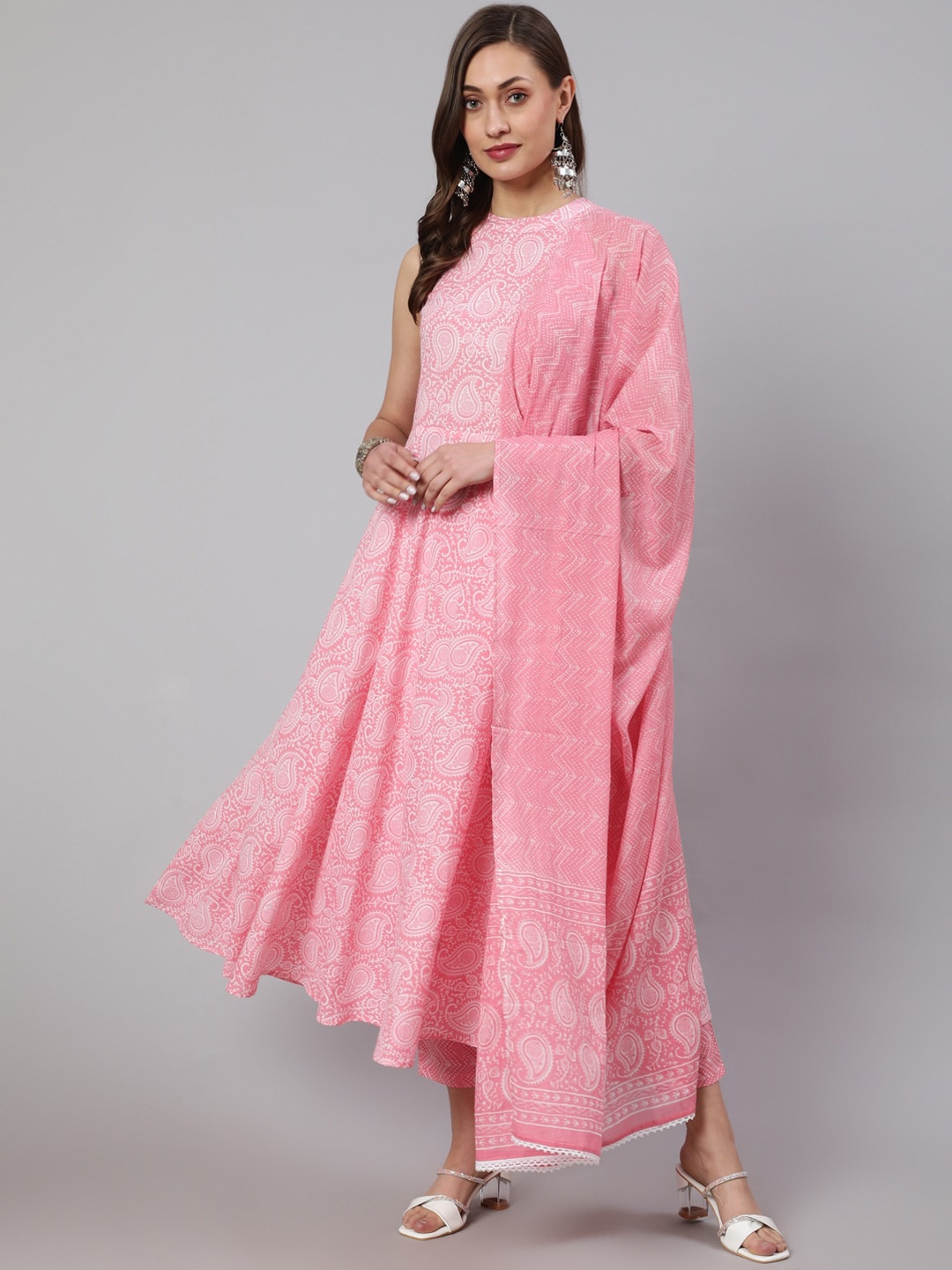 

Jaipur Kurti Paisley Printed Pure Cotton Anarkali Kurta With Trousers & Dupatta, Pink