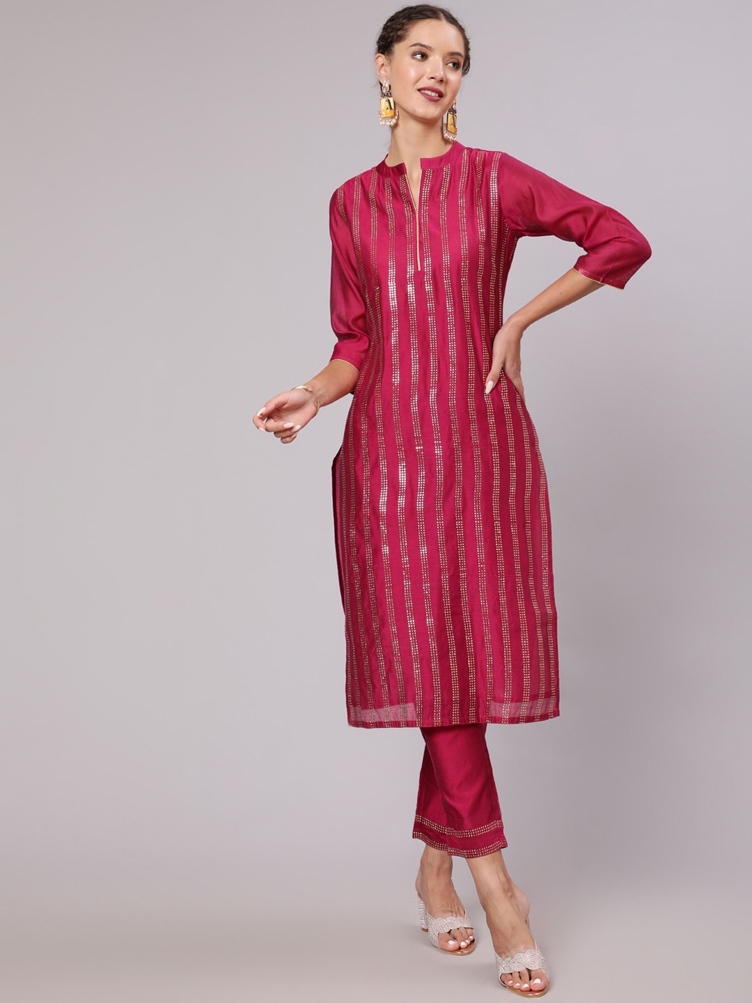 

Jaipur Kurti Striped Chanderi Cotton Straight Kurta With Trousers, Fuchsia
