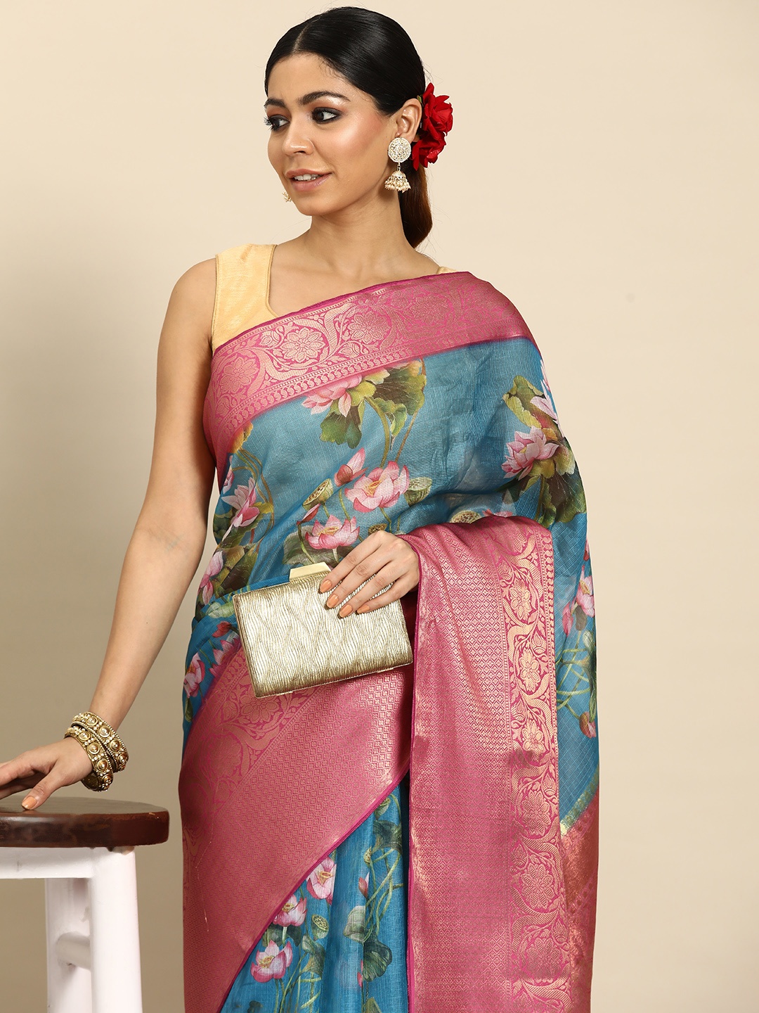 

Silk Land Floral Printed Zari Muga Saree, Teal