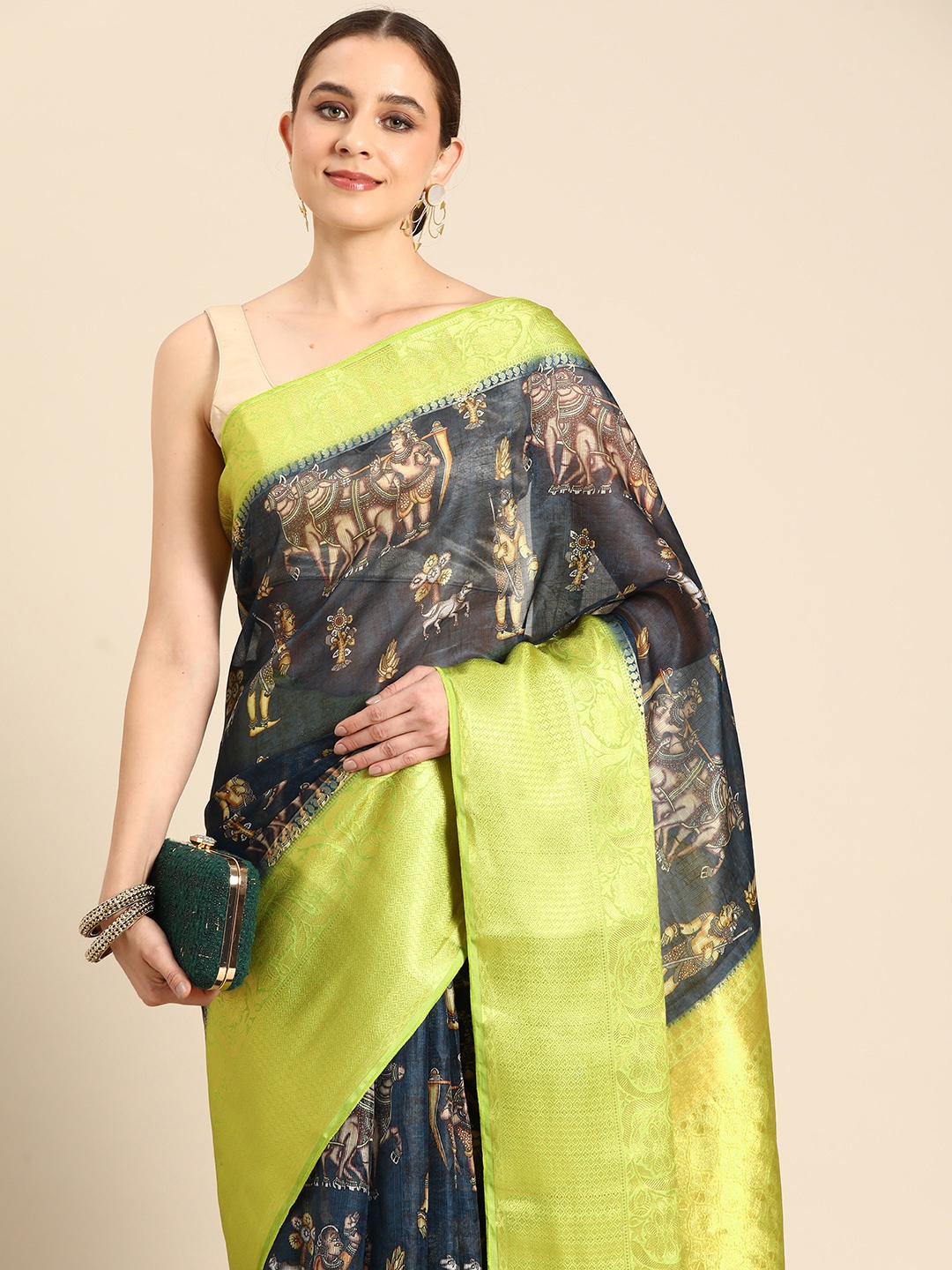 

Silk Land Floral Muga Digital Print Saree, Grey