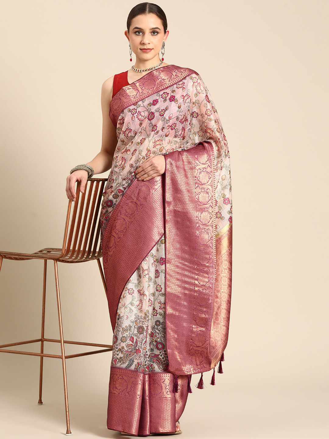 

Silk Land Floral Muga Digital Print Saree, Beige