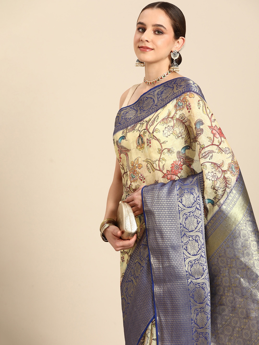 

Silk Land Kalamkari Printed Zari Muga Saree, Beige