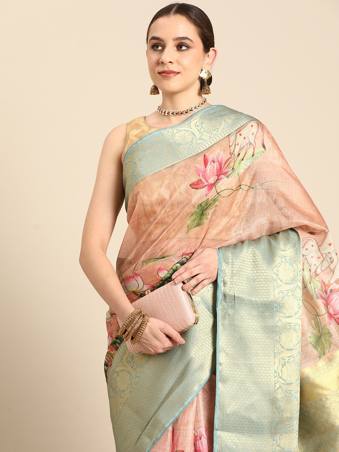 

Silk Land Kalamkari Woven Pichwai Muga Silk With Digital Print saree, Peach