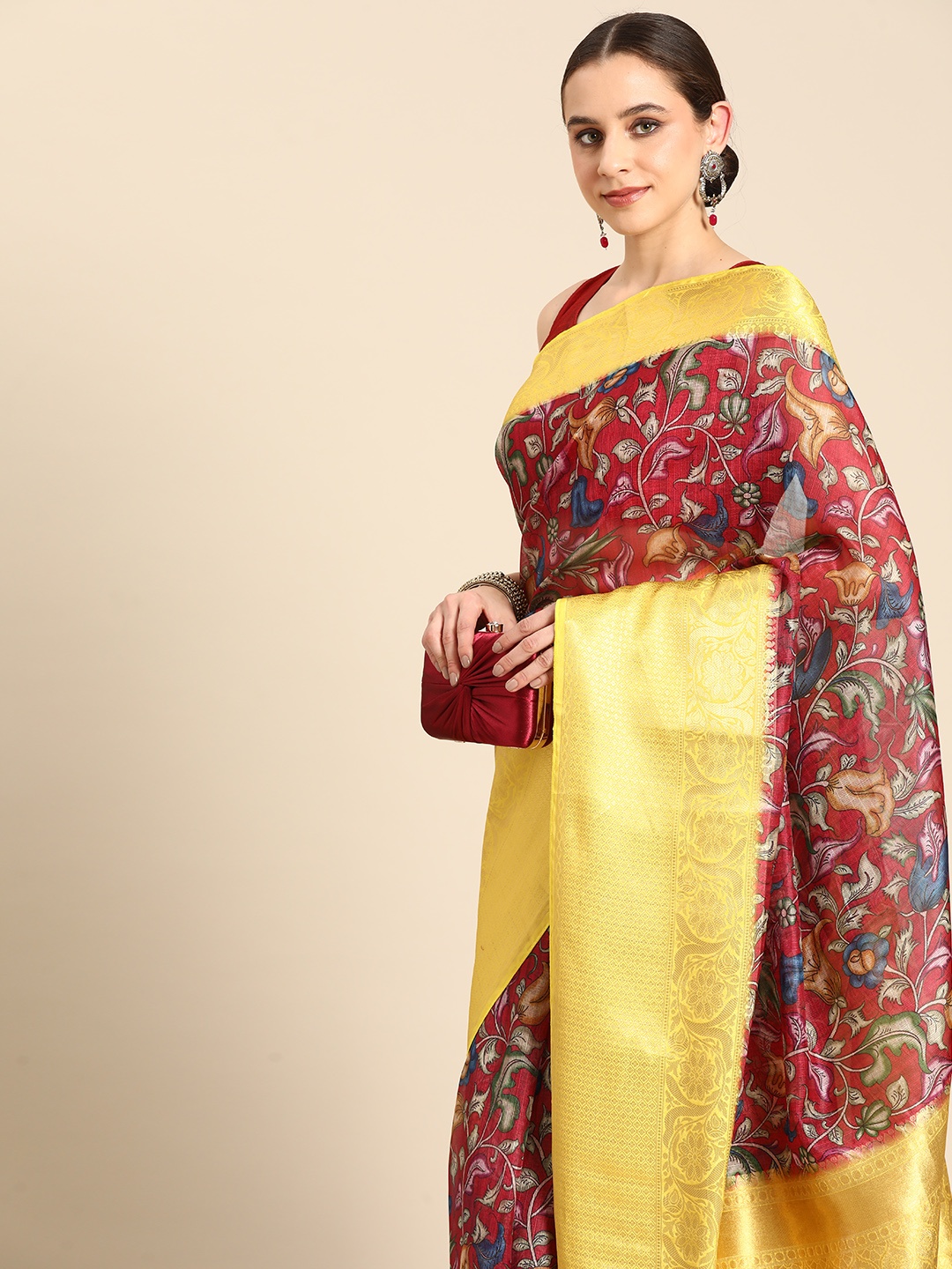 

Silk Land Floral Muga Digital Print Saree, Maroon