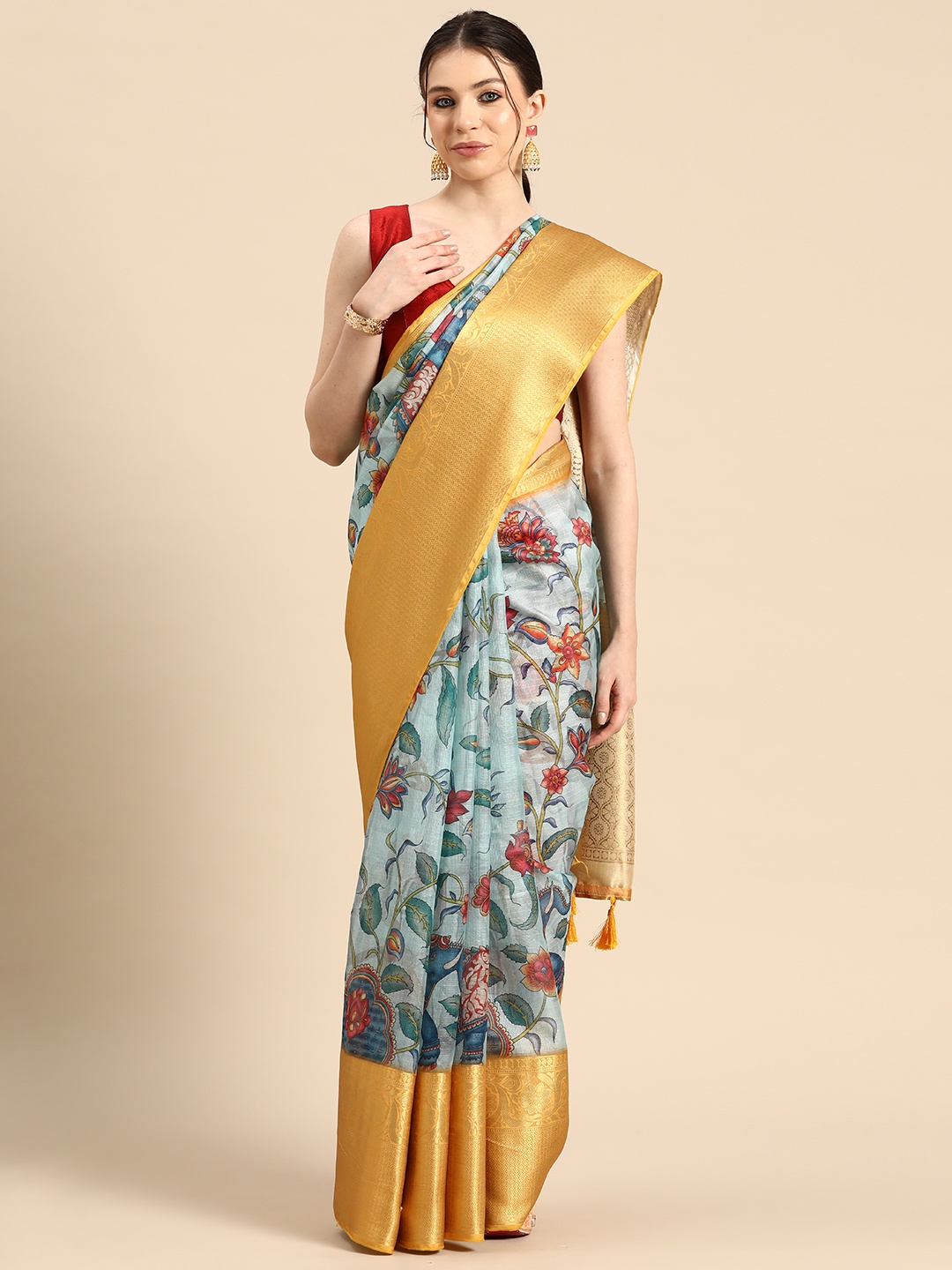 

Silk Land Floral Muga Digital Print Saree, Blue
