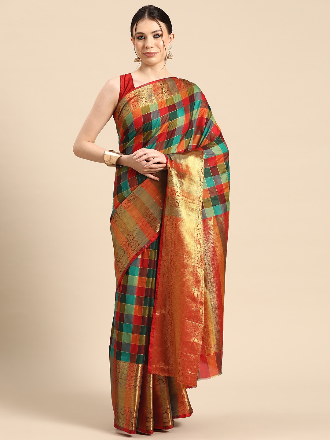 

Silk Land Checked Zari Kanjeevaram Saree, Multi