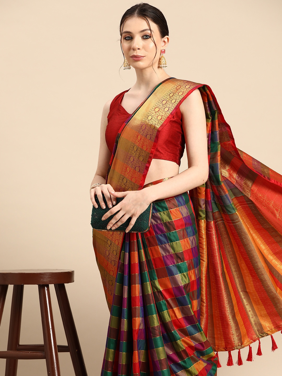 

Silk Land Checked Zari Kanjeevaram Saree, Multi