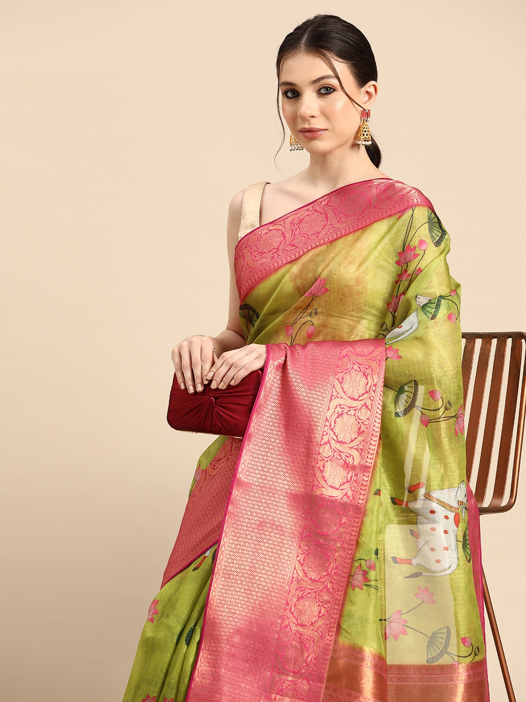 

Silk Land Floral Pichwai Muga Silk Woven With Digital Print saree, Olive