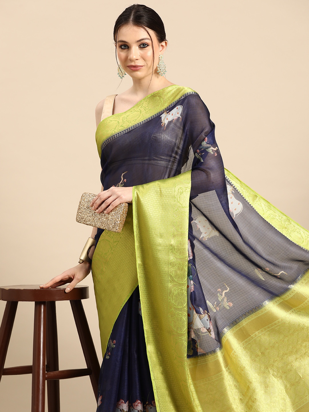 

Silk Land Kalamkari Woven Pichwai Muga Silk With Digital Print saree, Navy blue