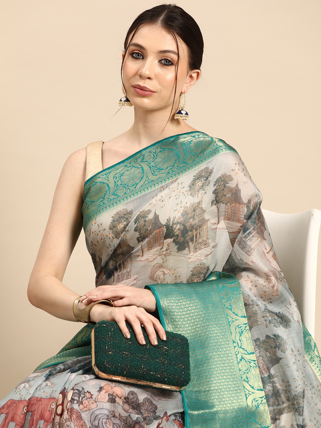 

Silk Land Kalamkari Woven Pichwai Muga Silk With Digital Print saree, Grey