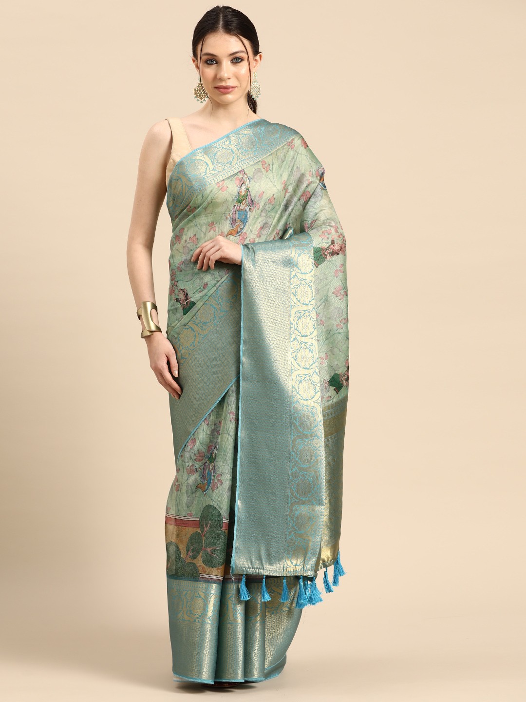 

Silk Land Kalamkari Woven Pichwai Muga Silk With Digital Print saree, Green