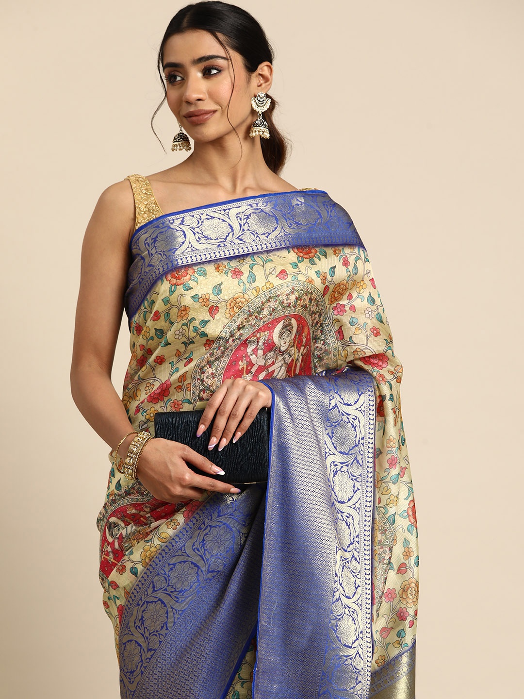 

Silk Land Floral Muga Digital Print Saree, Beige