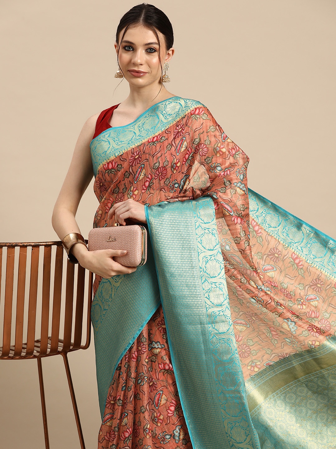 

Silk Land Floral Muga Silk Woven With Digital Print Saree, Peach